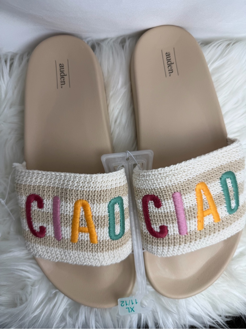 Auden Ciao Embroidered Crochet Slide Sandals - Beige XL (11/12)